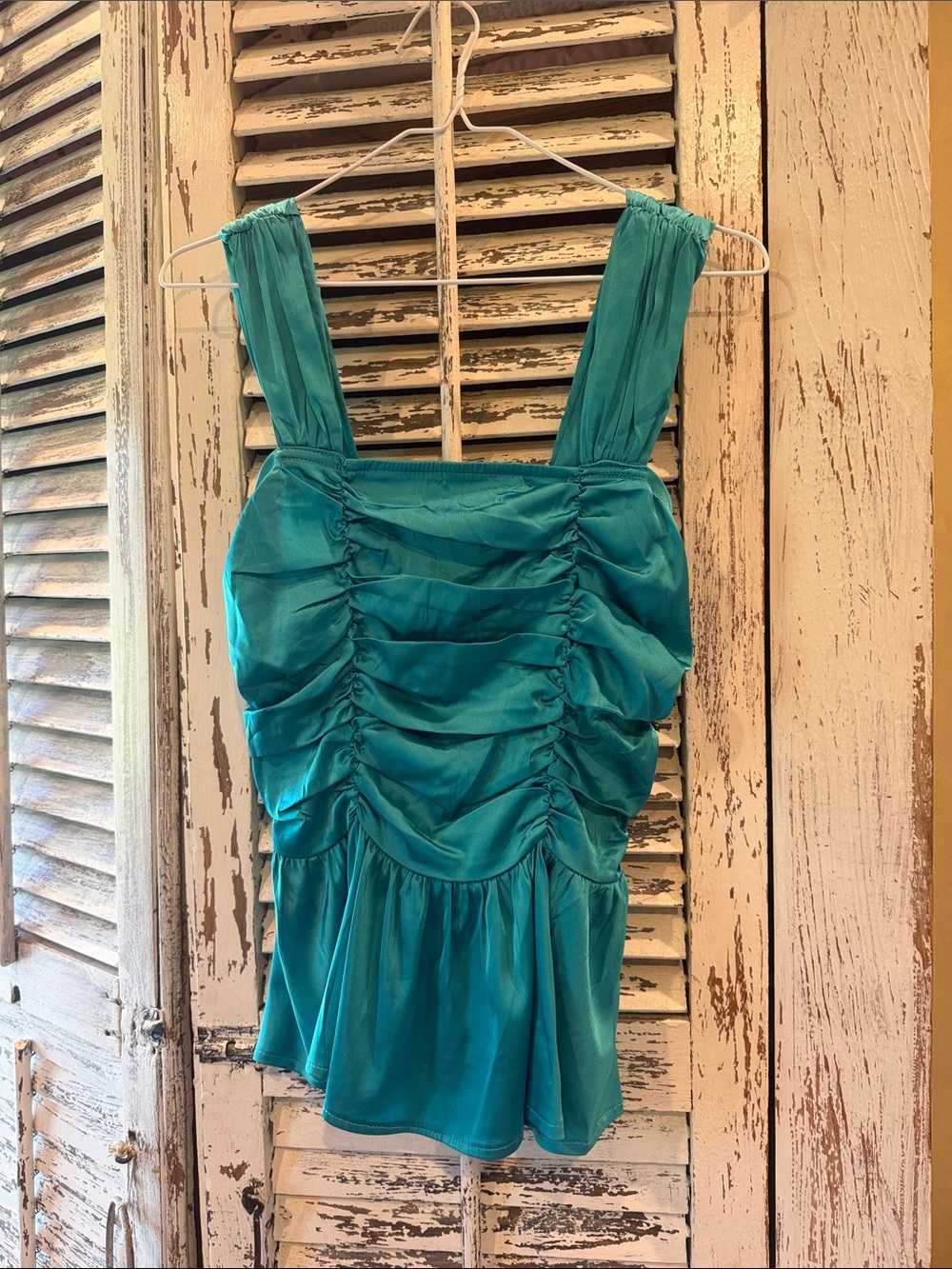 glam Teal Ruched Tank with Flared Hem
